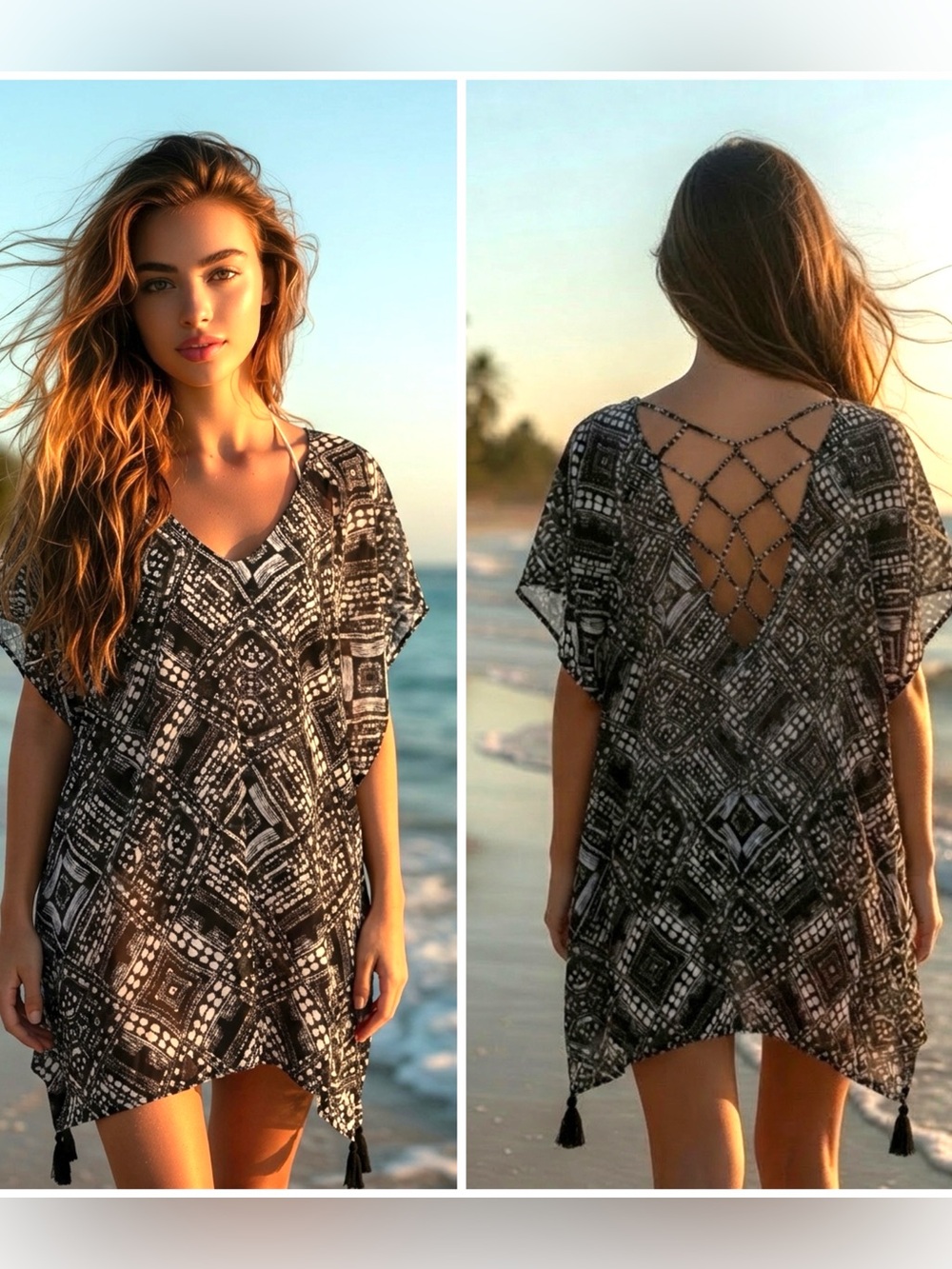 Palisades Black White Geometric Print Swim Coverup Lattice Back Tassel size L